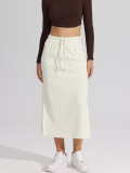 Mixed fabric drawstring slit skirt with elasticity and drape, lightweight and casual, slimming and elegant with a high waist
