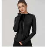 Autumn and winter fleece-lined women's long-sleeve zip-up sports jacket, fitness top, hooded coat, yoga quick-dry mid-length coat