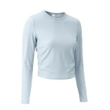 luallittak Yoga Top Long Sleeve Women's Vertical Ribbed Round Neck Slim Fit Stretchy Fitness T-Shirt High Elasticity