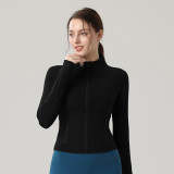 Short gold-zippered spring double-sided brushed Defin top, slim-fit, stretchy, quick-drying, stand-up collar jacket, yoga coat