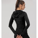 Autumn and winter fleece-lined women's long-sleeve zip-up sports jacket, fitness top, hooded coat, yoga quick-dry mid-length coat