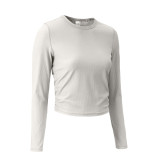 luallittak Yoga Top Long Sleeve Women's Vertical Ribbed Round Neck Slim Fit Stretchy Fitness T-Shirt High Elasticity