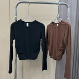luallittak Yoga Top Long Sleeve Women's Vertical Ribbed Round Neck Slim Fit Stretchy Fitness T-Shirt High Elasticity