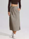 Mixed fabric drawstring slit skirt with elasticity and drape, lightweight and casual, slimming and elegant with a high waist