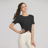 Short-sleeved, waist-cinching yoga top, tight-fitting women's outdoor Crescen round-neck sports T-shirt, breathable new model
