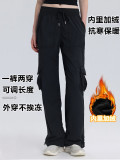 Autumn and winter fleece-lined thickened casual sports dance mid-waist drawstring multi-pocket cargo pants straight-leg trousers