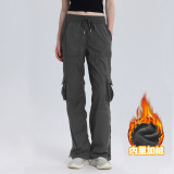 Autumn and winter fleece-lined thickened casual sports dance mid-waist drawstring multi-pocket cargo pants straight-leg trousers