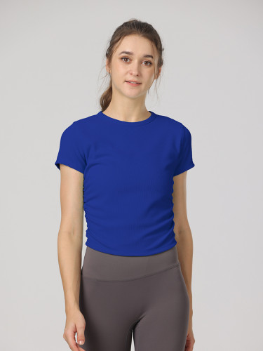 lu ribbed sports short-sleeve All it tak double-layer ruched slim-fit waist-cinching quick-dry top yoga T-shirt tight-fitting