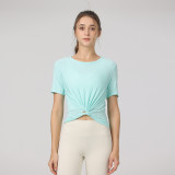 Short-sleeved, waist-cinching yoga top, tight-fitting women's outdoor Crescen round-neck sports T-shirt, breathable new model