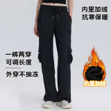 Autumn and winter fleece-lined thickened casual sports dance mid-waist drawstring multi-pocket cargo pants straight-leg trousers