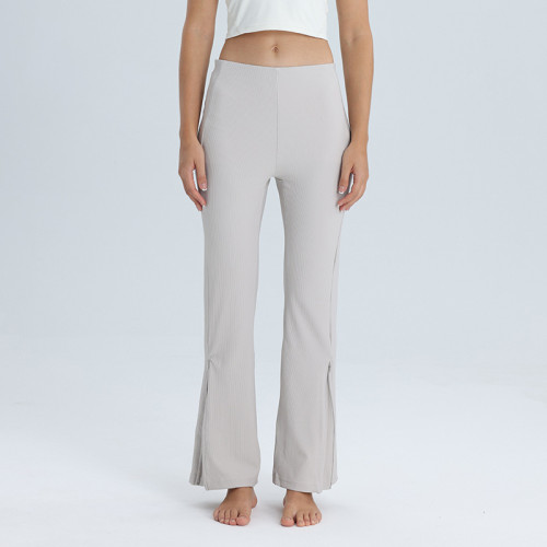 Slightly flared yoga pants for outdoor wear, high elasticity, butt-lifting, quick-dry, casual sports pants with zipper at the hem, ribbed yoga bell-bottom pants