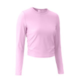 luallittak Yoga Top Long Sleeve Women's Vertical Ribbed Round Neck Slim Fit Stretchy Fitness T-Shirt High Elasticity