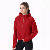 lu autumn and winter short pullover half-zip hooded fleece-lined thickened top scub sports sweatshirt thickened and warm