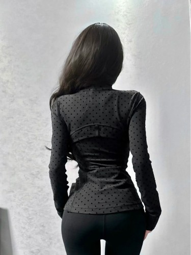 Polka Dot Flocked Stand Collar Yoga Top for Women, Fitness Tight Top, Slim Fit, Slimming, Casual Yoga Jacket