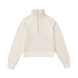 Lu Meilaide women's autumn and winter fleece-lined thickened half-zip long-sleeve short top with stand-up collar sports sweatshirt half-high collar