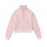 Lu Meilaide women's autumn and winter fleece-lined thickened half-zip long-sleeve short top with stand-up collar sports sweatshirt half-high collar