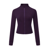 Short gold-zippered spring double-sided brushed Defin top, slim-fit, stretchy, quick-drying, stand-up collar jacket, yoga coat