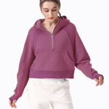 lu autumn and winter short pullover half-zip hooded fleece-lined thickened top scub sports sweatshirt thickened and warm