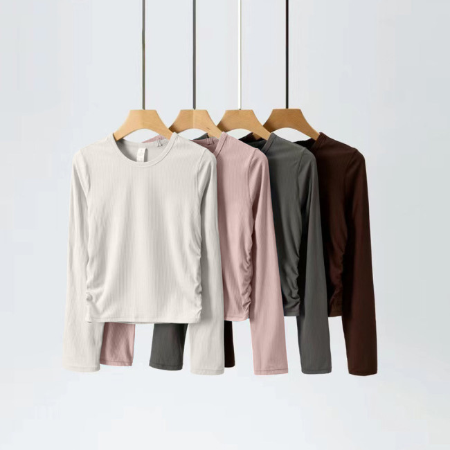 luallittak Yoga Top Long Sleeve Women's Vertical Ribbed Round Neck Slim Fit Stretchy Fitness T-Shirt High Elasticity
