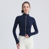 Short gold-zippered spring double-sided brushed Defin top, slim-fit, stretchy, quick-drying, stand-up collar jacket, yoga coat