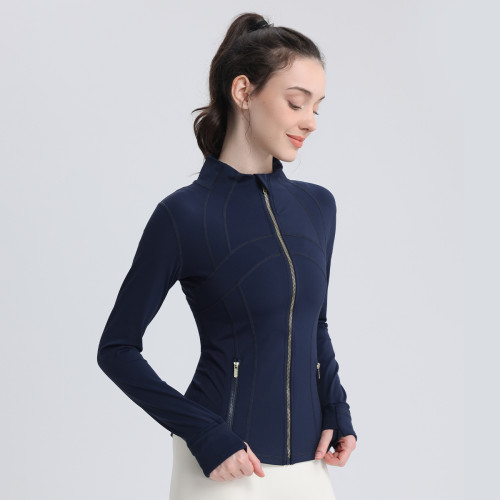 Spring and Autumn lu3.0 New Non-Mesh Defin Gold Zipper Yoga Jacket for Women, Sports Stand Collar Fleece-Lined Jacket