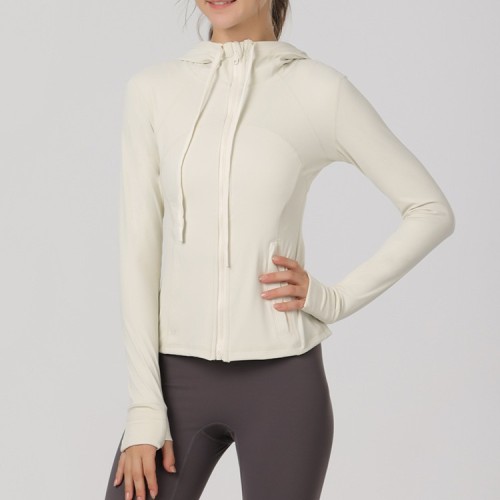 Autumn and winter fleece-lined women's long-sleeve zip-up sports jacket, fitness top, hooded coat, yoga quick-dry mid-length coat