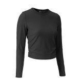 luallittak Yoga Top Long Sleeve Women's Vertical Ribbed Round Neck Slim Fit Stretchy Fitness T-Shirt High Elasticity