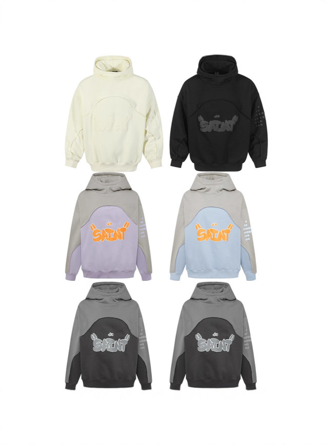 American-style autumn and winter HUNI SAINT foam letter print color-blocked drop-shoulder loose-fitting fleece hoodie for men and women