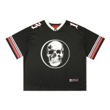 GODSPEED American high street skull print V-neck short-sleeve T-shirt for men and women, mesh breathable loose football sportswear