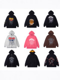 Sp5der Spider Web Foam Print Fleece-Lined Hoodie American Style Trendy Hip-Hop Loose Fit Hooded Sweatshirt Jacket for Men and Women