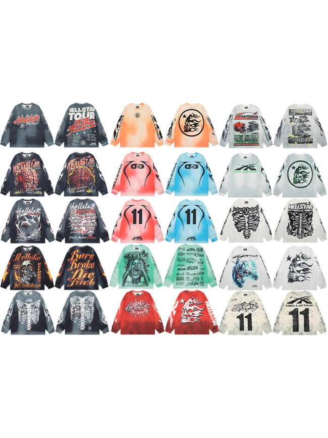 Cross-border American fashion Hellstar washed vintage distressed American street hip-hop printed long-sleeve T-shirt