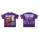 Cross-border American fashion MAJESTIK direct-print American street hip-hop printed rhinestone vintage washed short-sleeve T-shirt