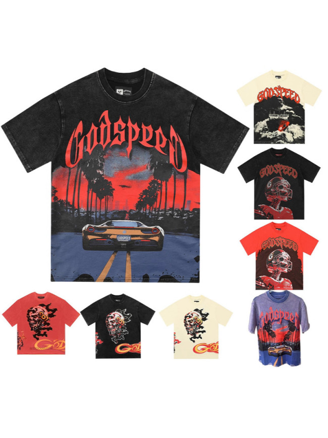 Cross-border American fashion new vintage American hip-hop street style washed vintage printed pure cotton casual T-shirt
