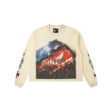 Cross-border trendy new American street hip-hop printed retro waffle casual long-sleeve T-shirt