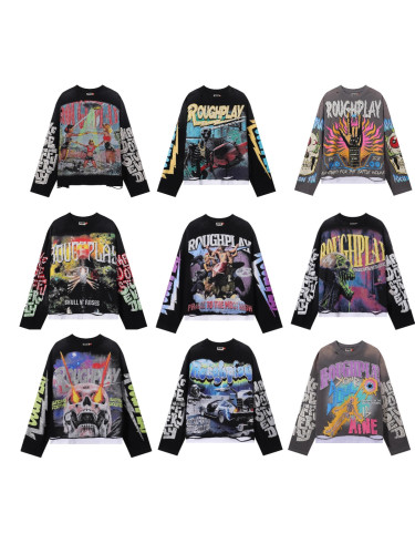 RoughPlay retro print trendy high street casual fashion two-piece set of long-sleeve T-shirts for men and women