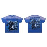 Cross-border American fashion MAJESTIK direct-print American street hip-hop printed rhinestone vintage washed short-sleeve T-shirt