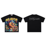 Cross-border American fashion MAJESTIK direct-print American street hip-hop printed rhinestone vintage washed short-sleeve T-shirt