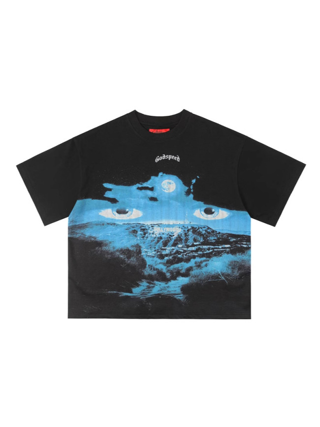 GOD SPEED City Night View Eye Print European and American Hip Hop Short Sleeve T-Shirt Trendy Print Loose Fit