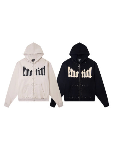 Cross-border American fashion  new letter-print American street hip-hop studded zipper hoodie