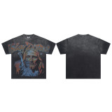 Cross-border foreign trade American fashion VALE new washed print rhinestone street American hip-hop casual pure cotton short-sleeve T-shirt