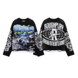 RoughPlay retro print trendy high street casual fashion two-piece set of long-sleeve T-shirts for men and women