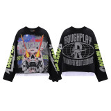 RoughPlay retro print trendy high street casual fashion two-piece set of long-sleeve T-shirts for men and women