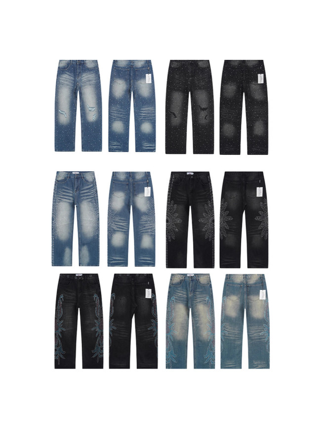 Cross-border American fashion VALE American high street streetwear hip-hop rhinestone distressed straight-leg denim pants