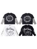 Cross-border European and American trendy brand American street hip-hop long-sleeve patchwork T-shirt for men and women, high street style