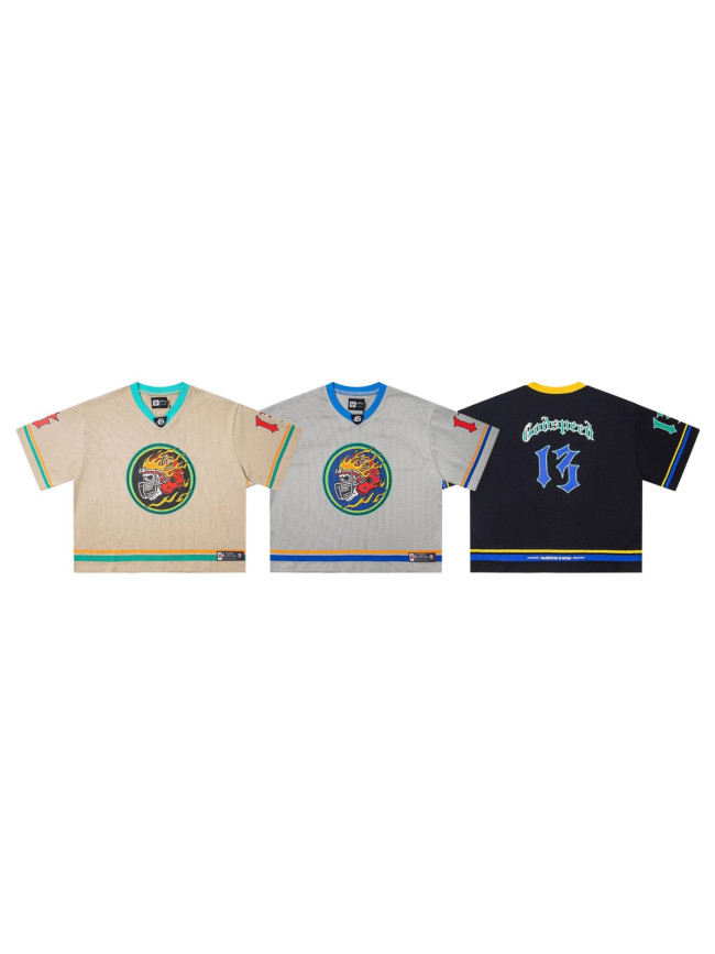 Cross-border trendy new printed mesh jersey, versatile American street hip-hop summer short-sleeve shirt