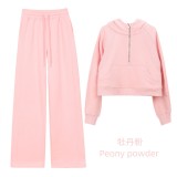 Original Embroidered  Hooded Loose Half-Zip Sweatshirt Set for Women, Fleece-Lined Sports Jacket, Yoga Wear