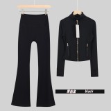Original Embroidered  Short Stand Collar Jacket and Flared Pants Set Slim Fit Casual Yoga Stretch