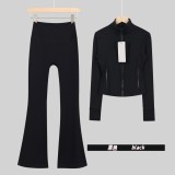 Original Embroidered  Short Stand Collar Jacket and Flared Pants Set Slim Fit Casual Yoga Stretch