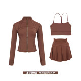 Original Embroidered  Short Jacket, Gold Y-Back Vest, Short Skirt Set, Yoga Sportswear, Full Zip Slim Fit
