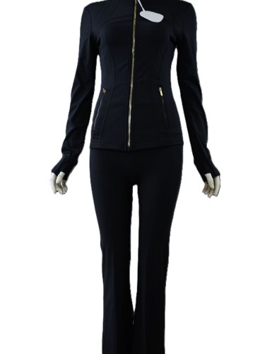 Original Embroidered  Flared Pants Jacket Gold Set Top Long Sleeve Women's Slim Fit Stretchy Sportswear